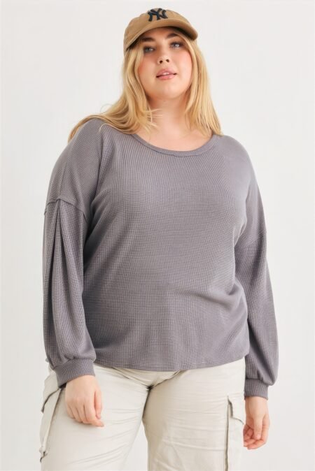 plus vintage denim waffle knit long sleeve crossover back cut out top