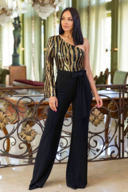 one shoulder zebra sequins jumpsuit