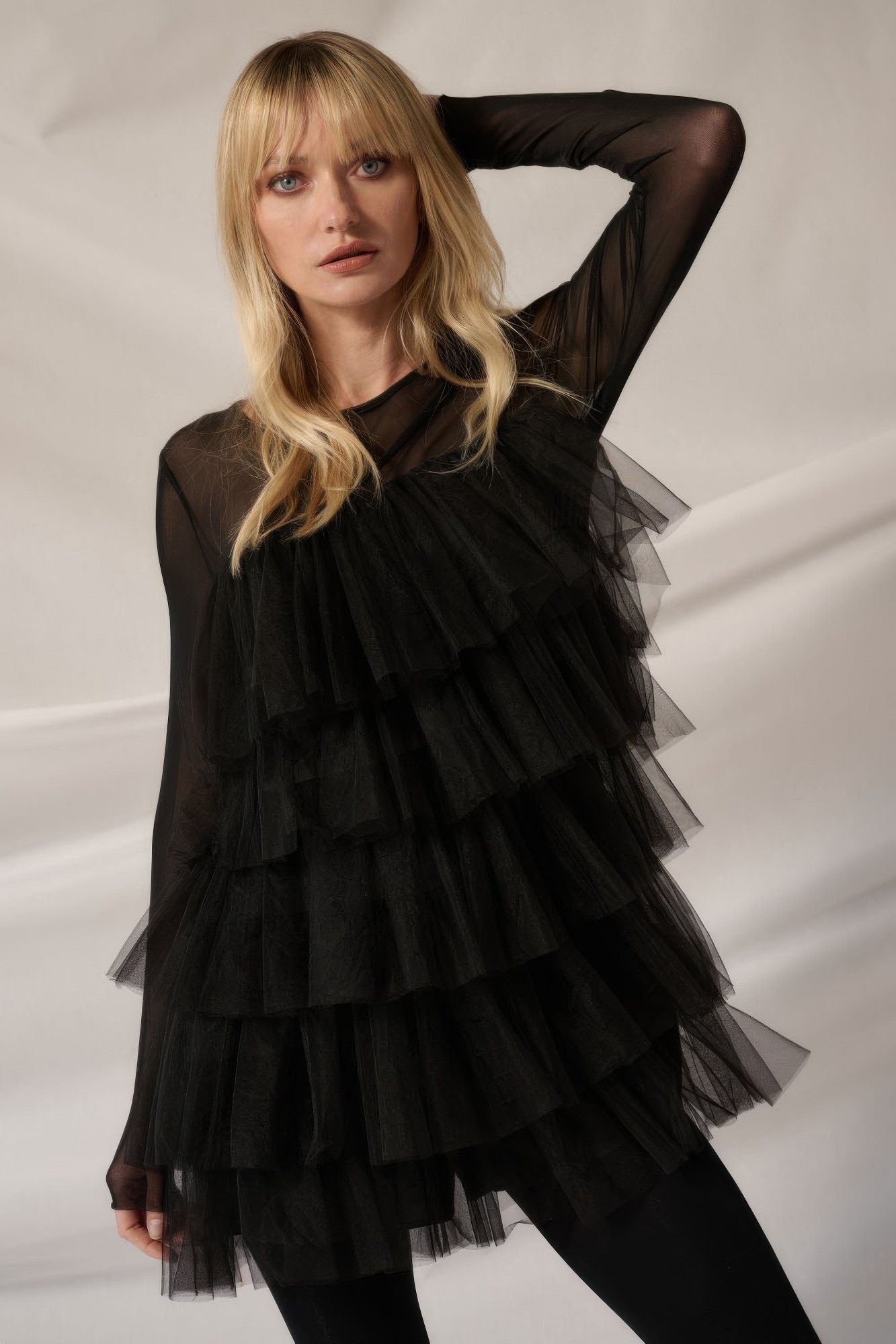 solid mesh round neck tulle layered romper