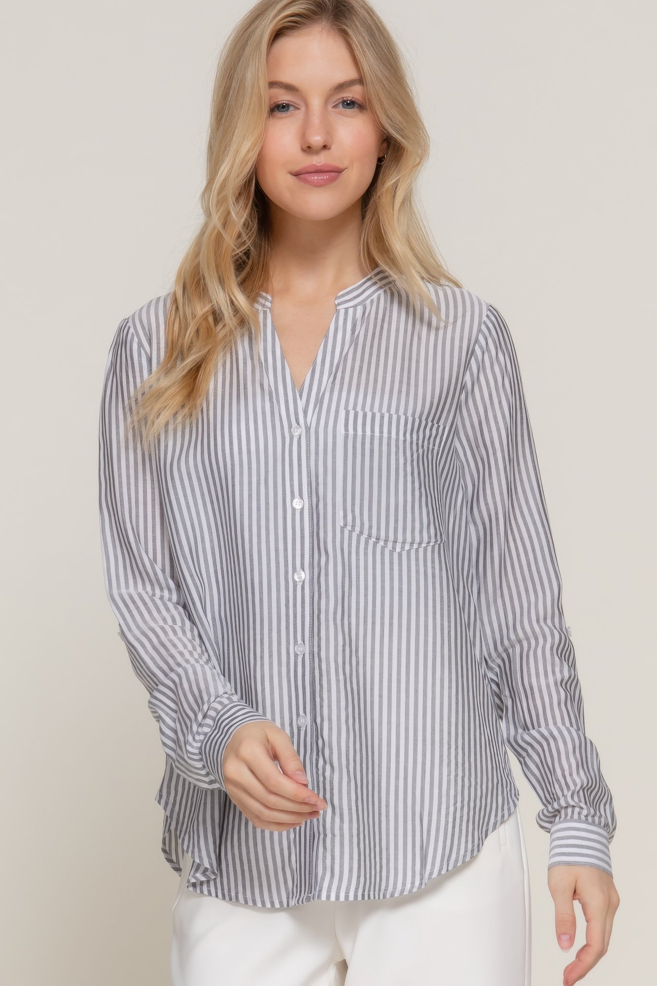 long slv split round neck stripe woven shirt