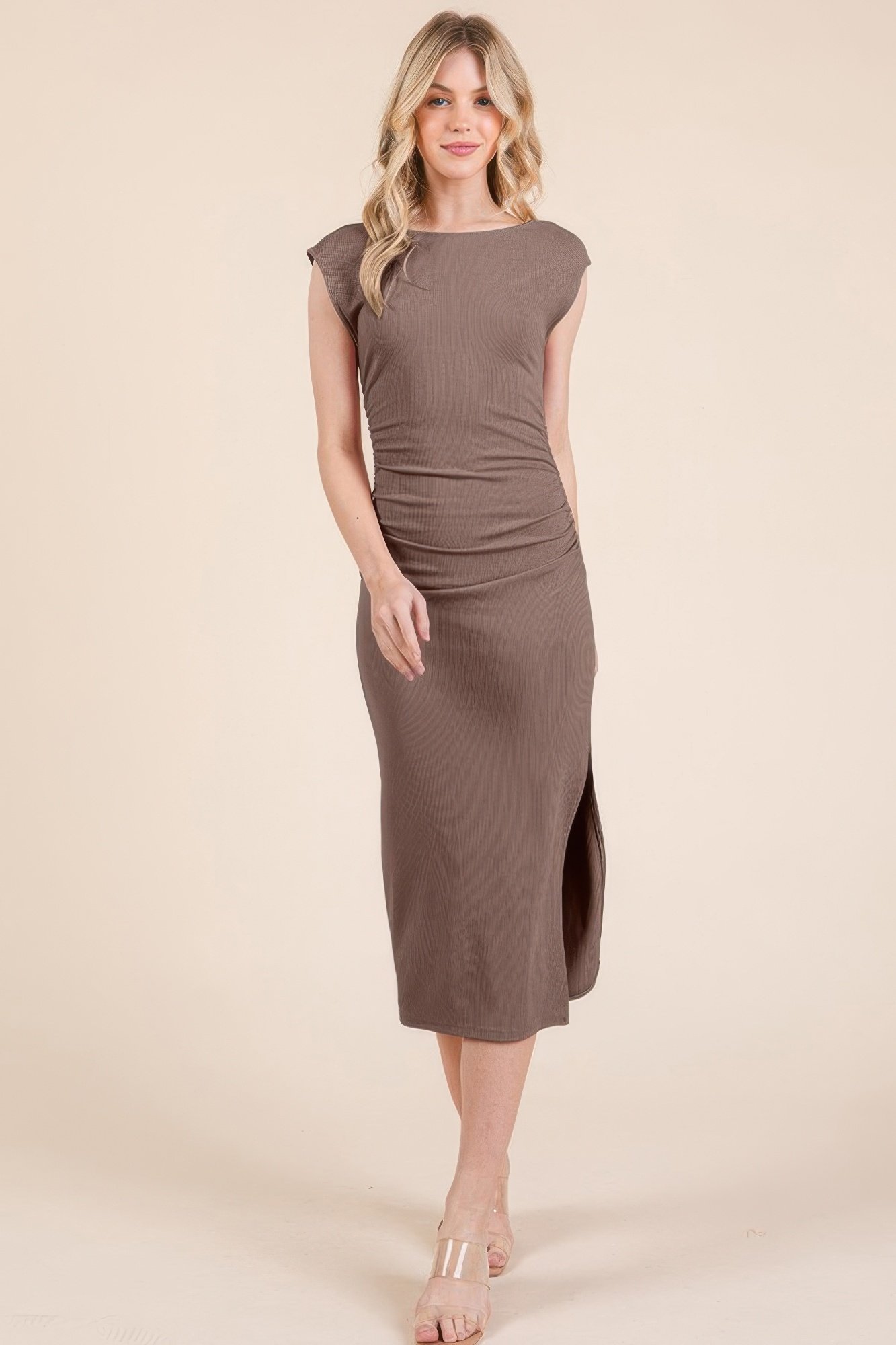 cap sleeve boatneck open back midi dress