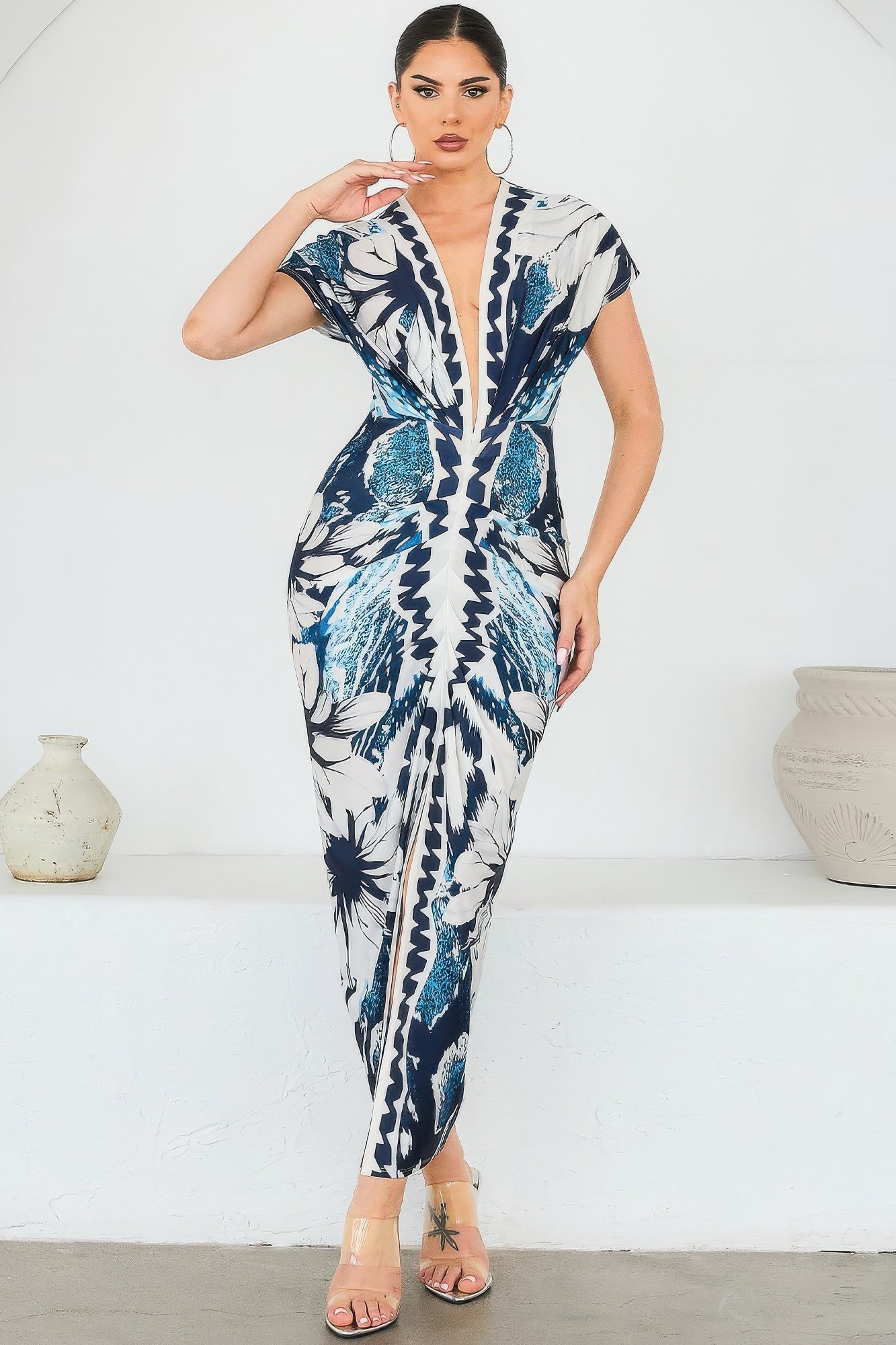 printed deep v neck pleats midi dress