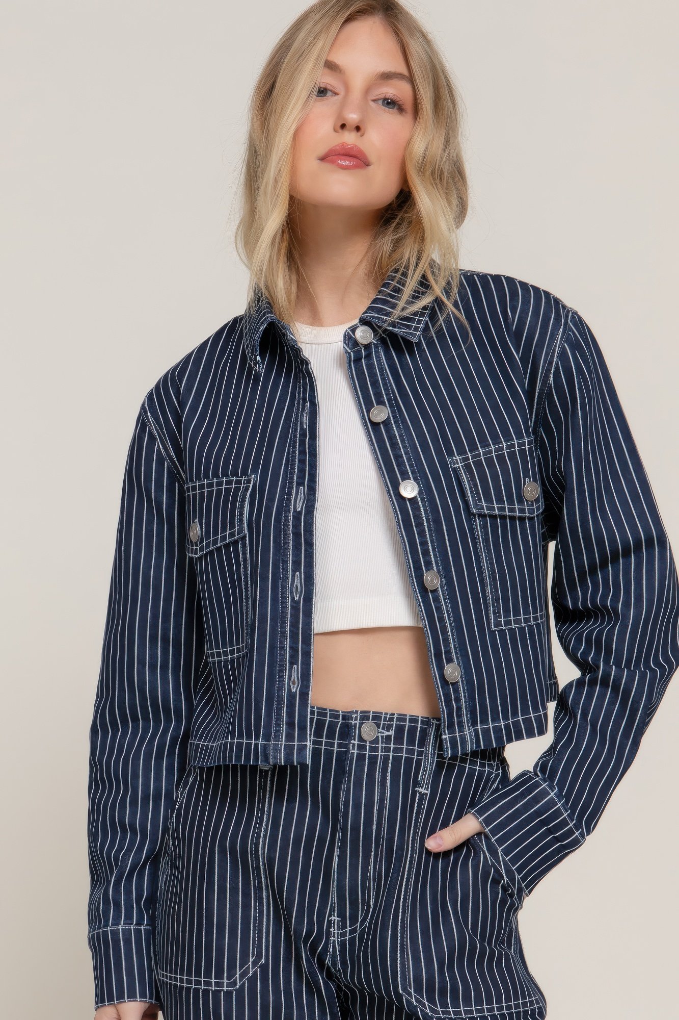 button down stripe denim short jacket