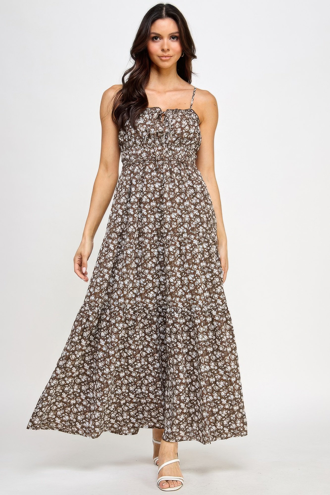 floral smocked ruffle maxi dress