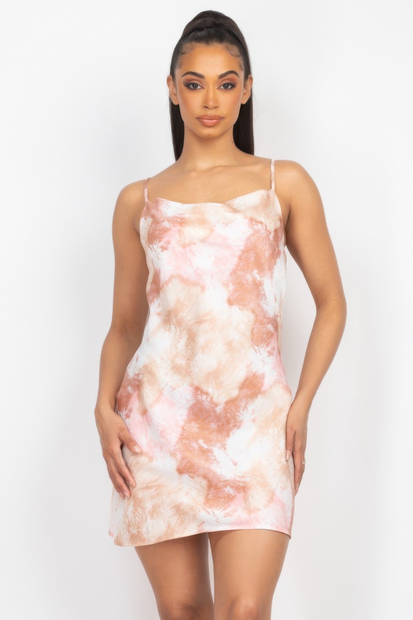 satin print cowl neck dress