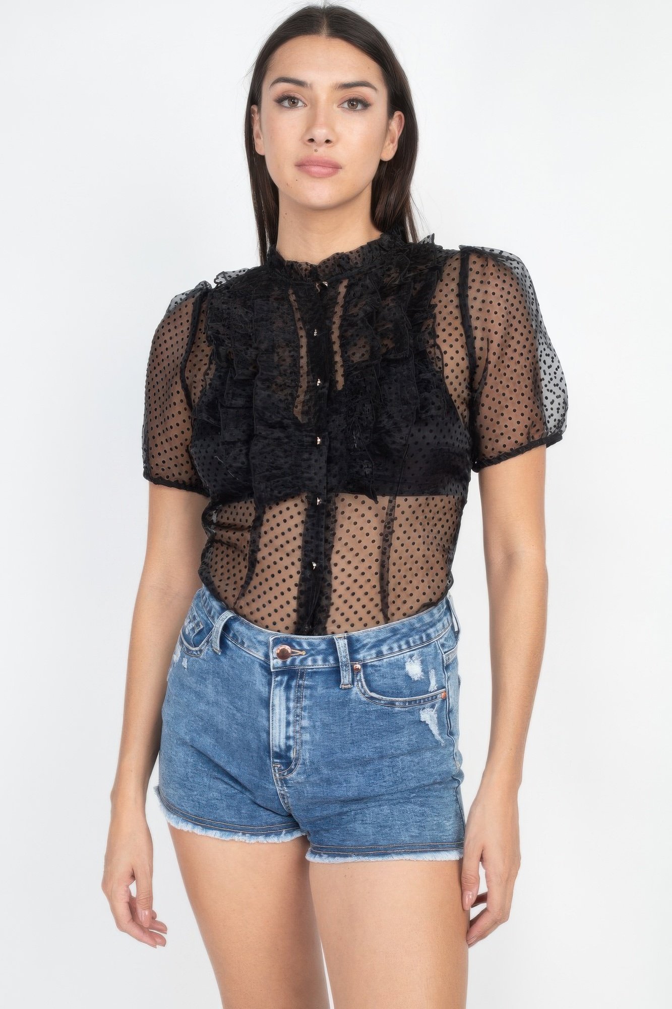 sheer ruffle trim dot top