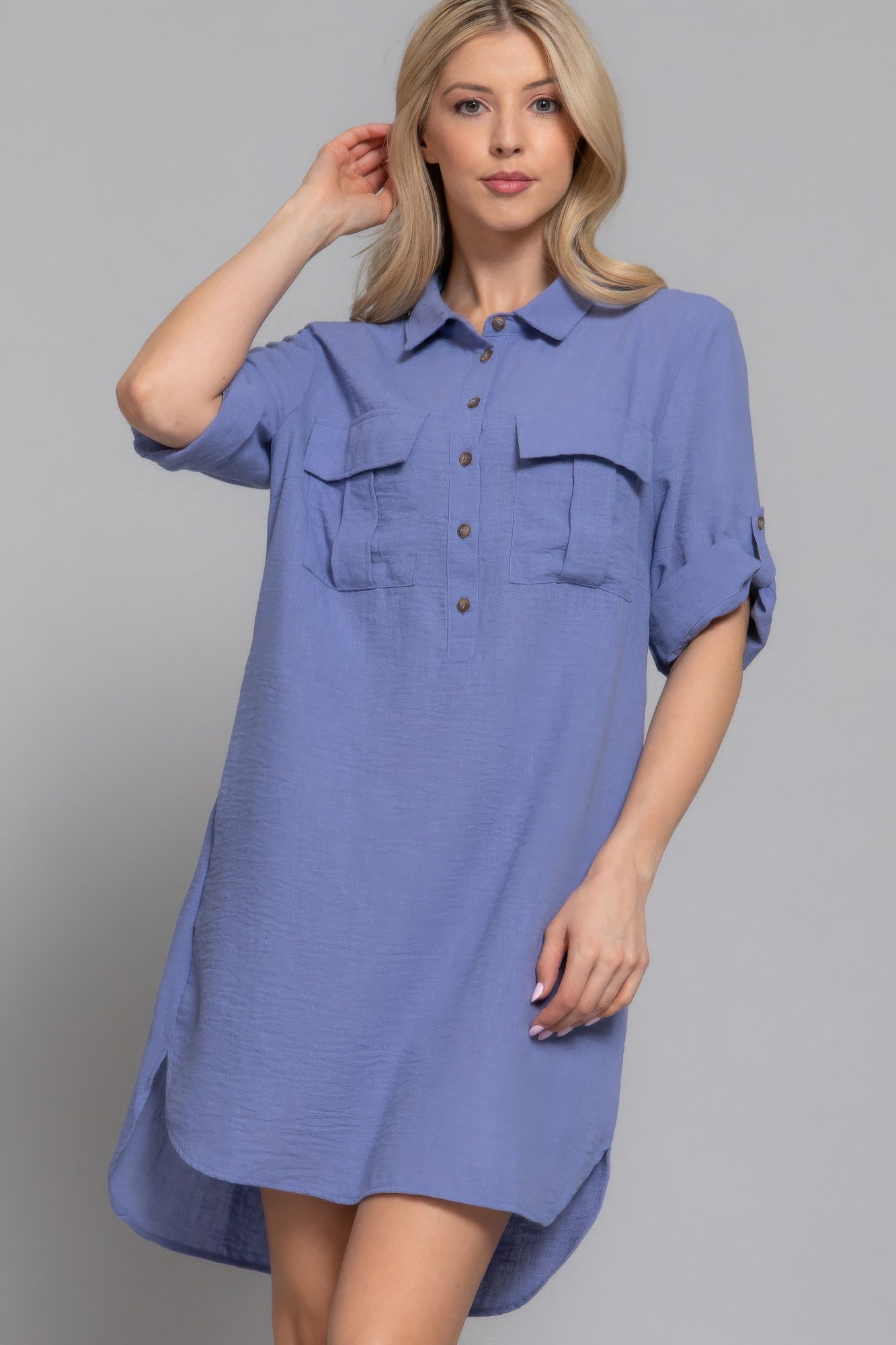 roll up short slv straight linen effect mini dress