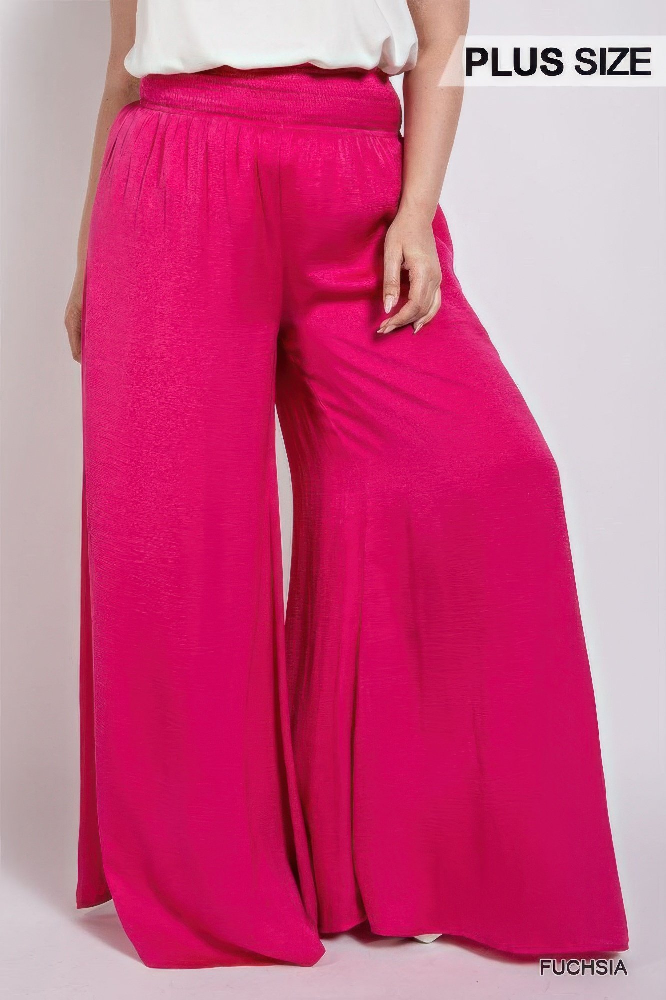 washed satin wide pants with waist smocked