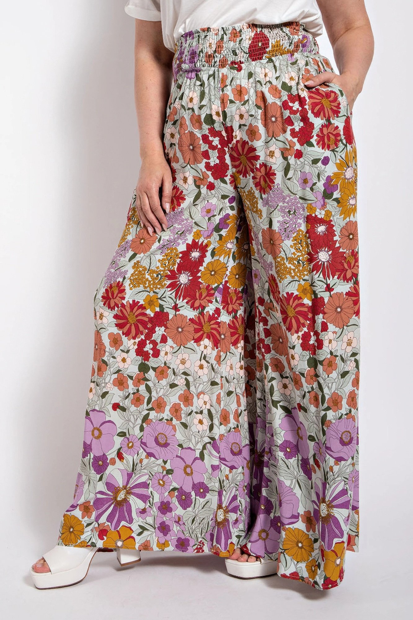 flare wide leg and waist smocked pants with side pocket