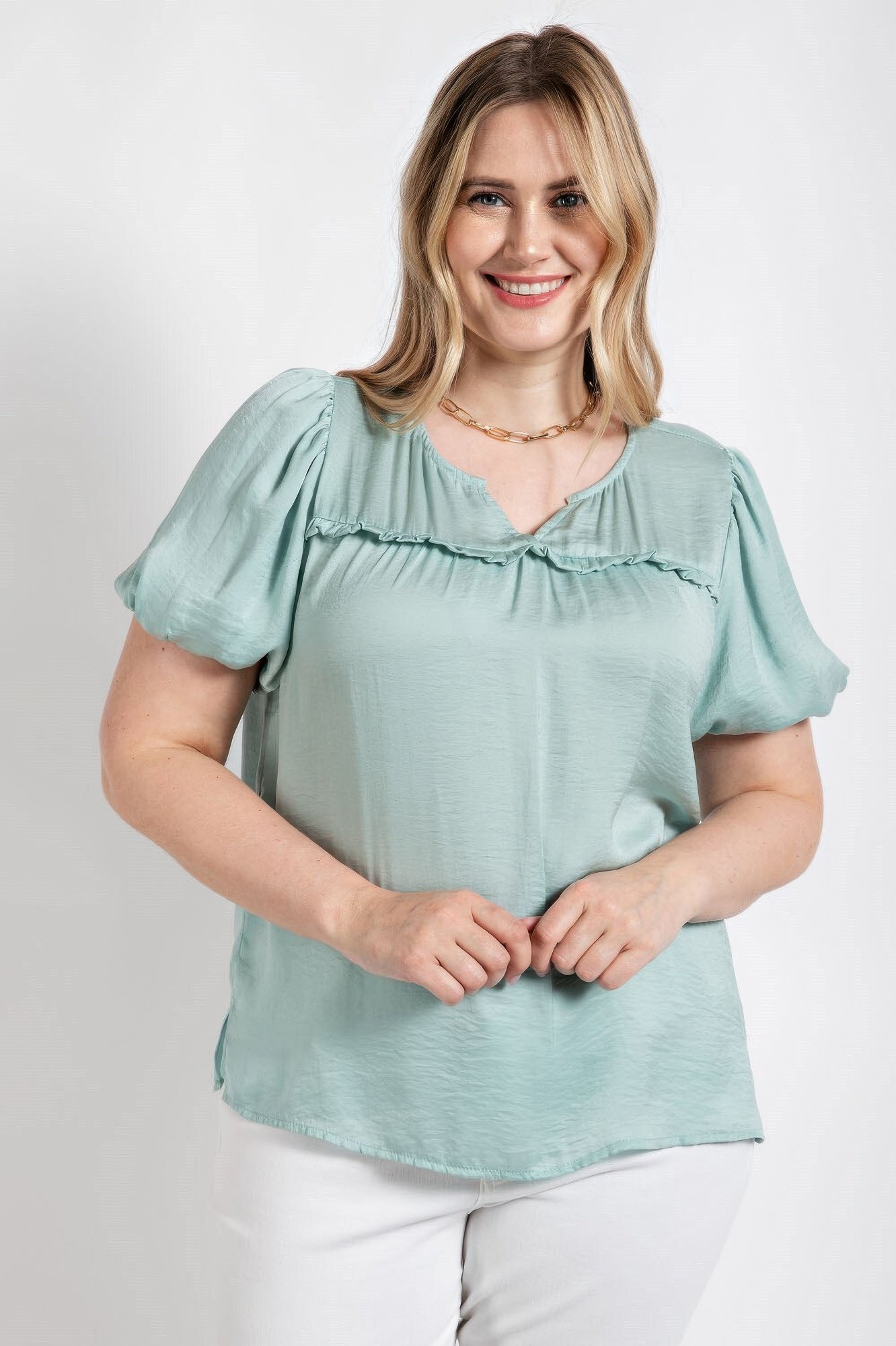 satin top with ruffle yoke and puff sleeves