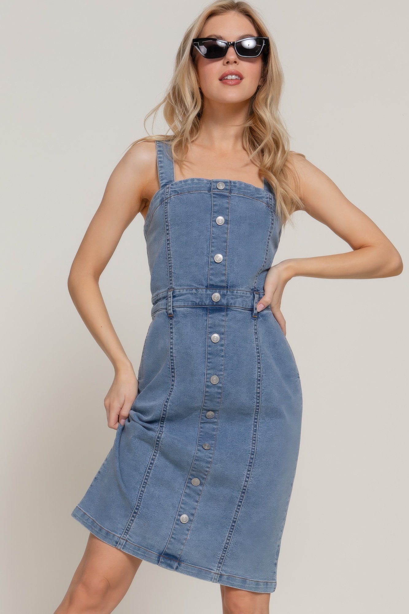 button down placket stretch denim dress