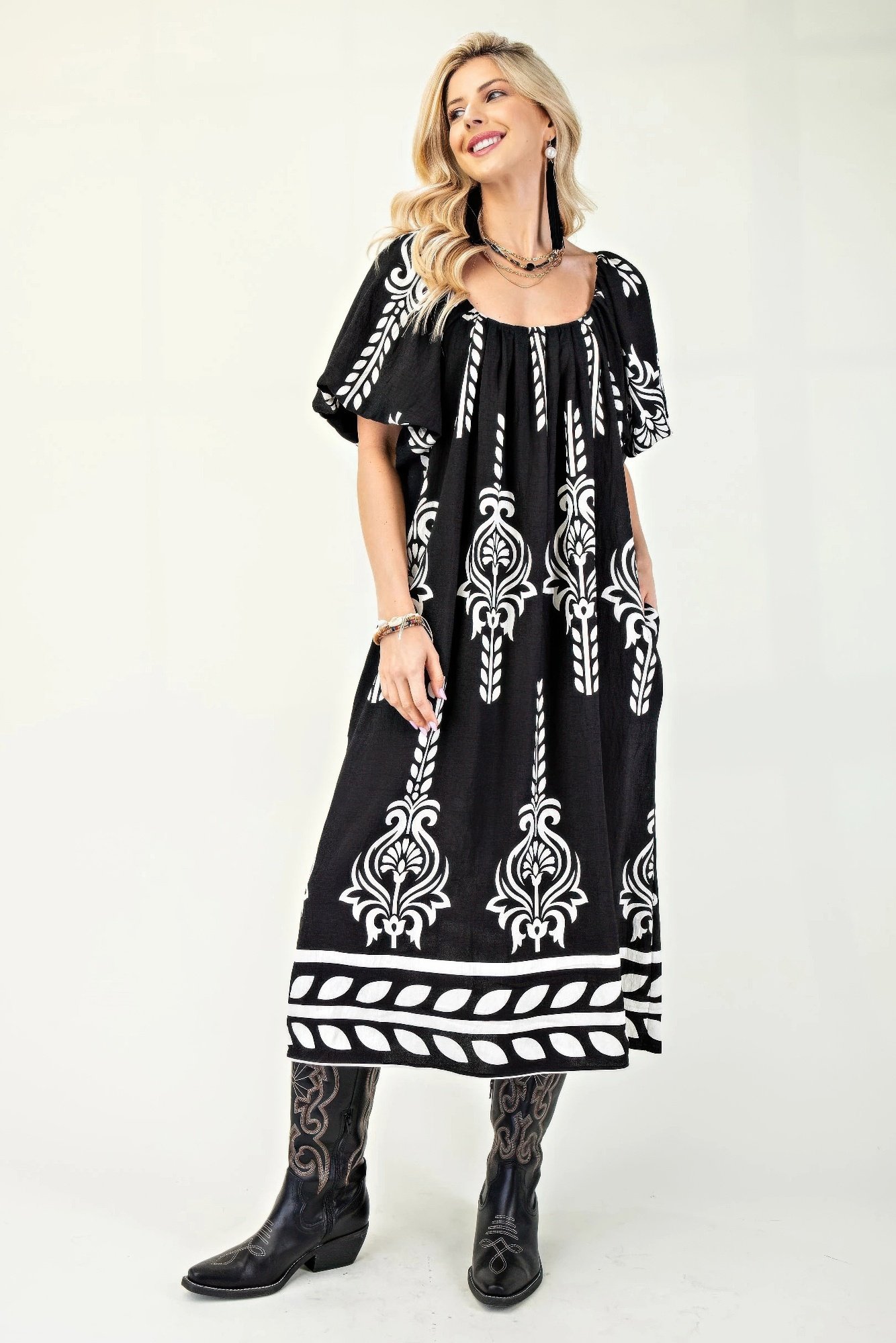 printed midi dress with short puff sleeves