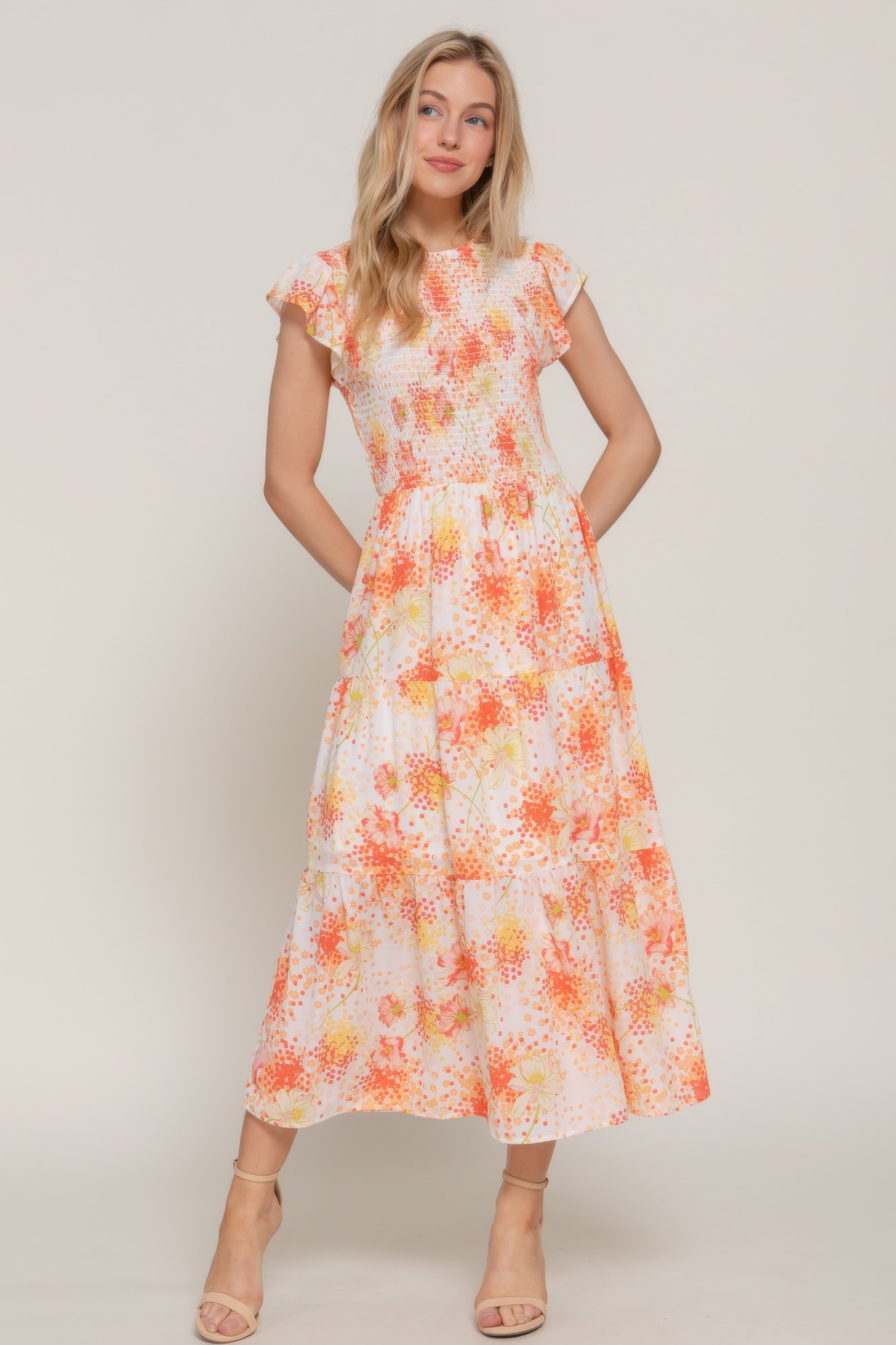 ruffl slv smocked floral print dresss