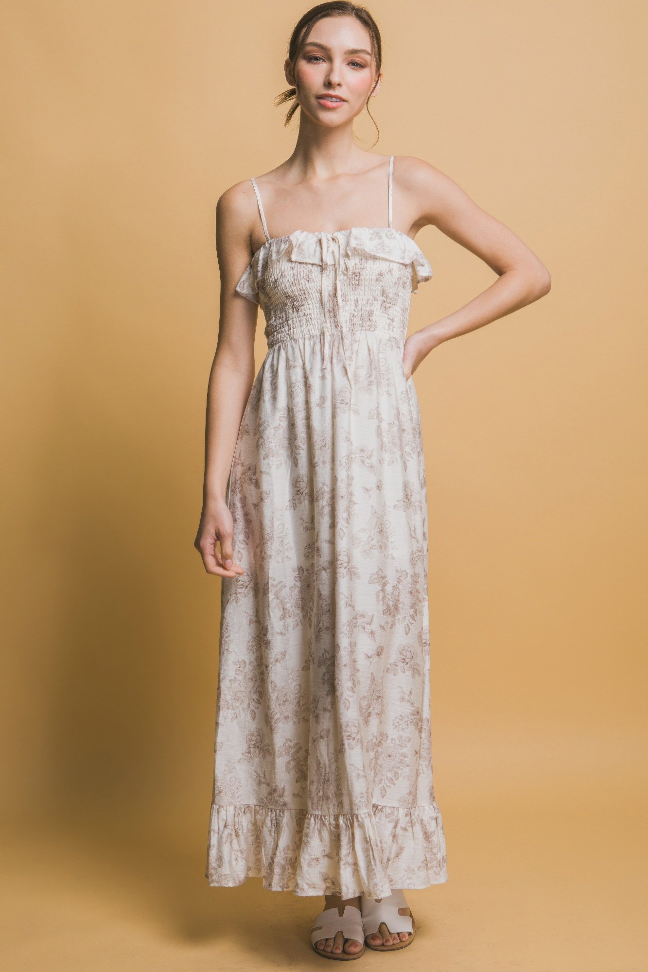 smocked floral maxi dress