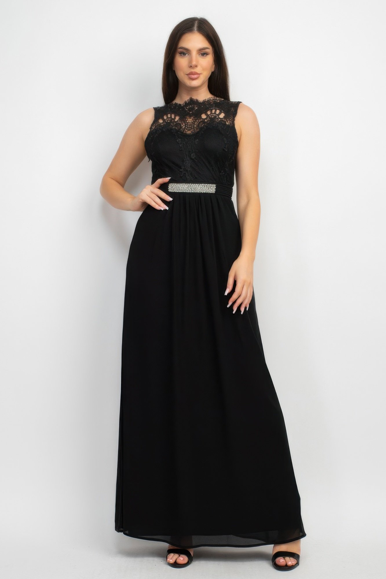 jewel waist tie lace maxi dress