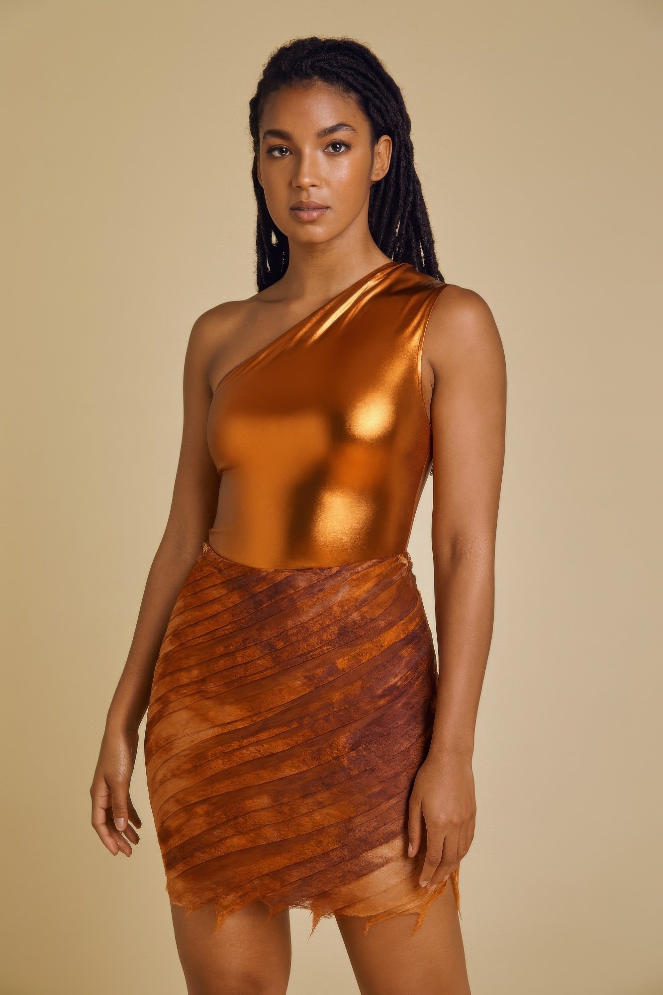 metallic one shoulder bodysuit & mini skirt set