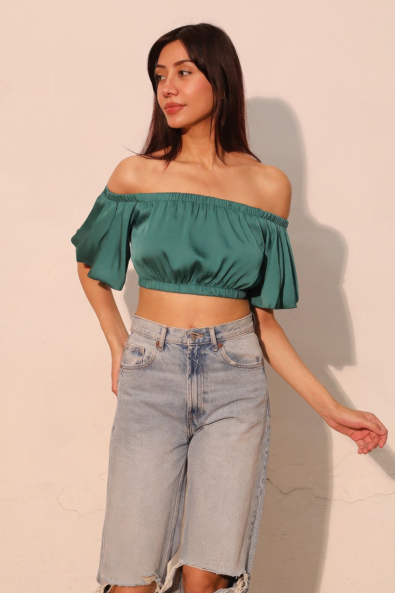 washed poly silk bubble sleeve crop top
