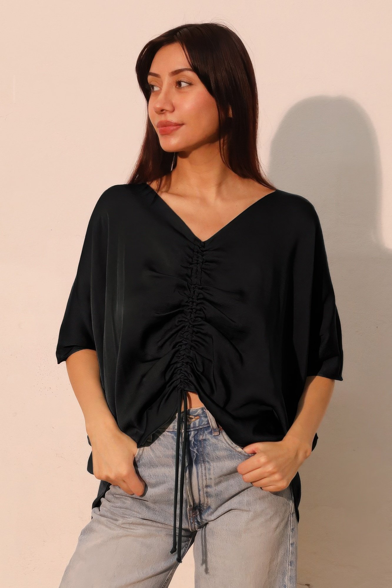 washed poly silk drawstring dolman top