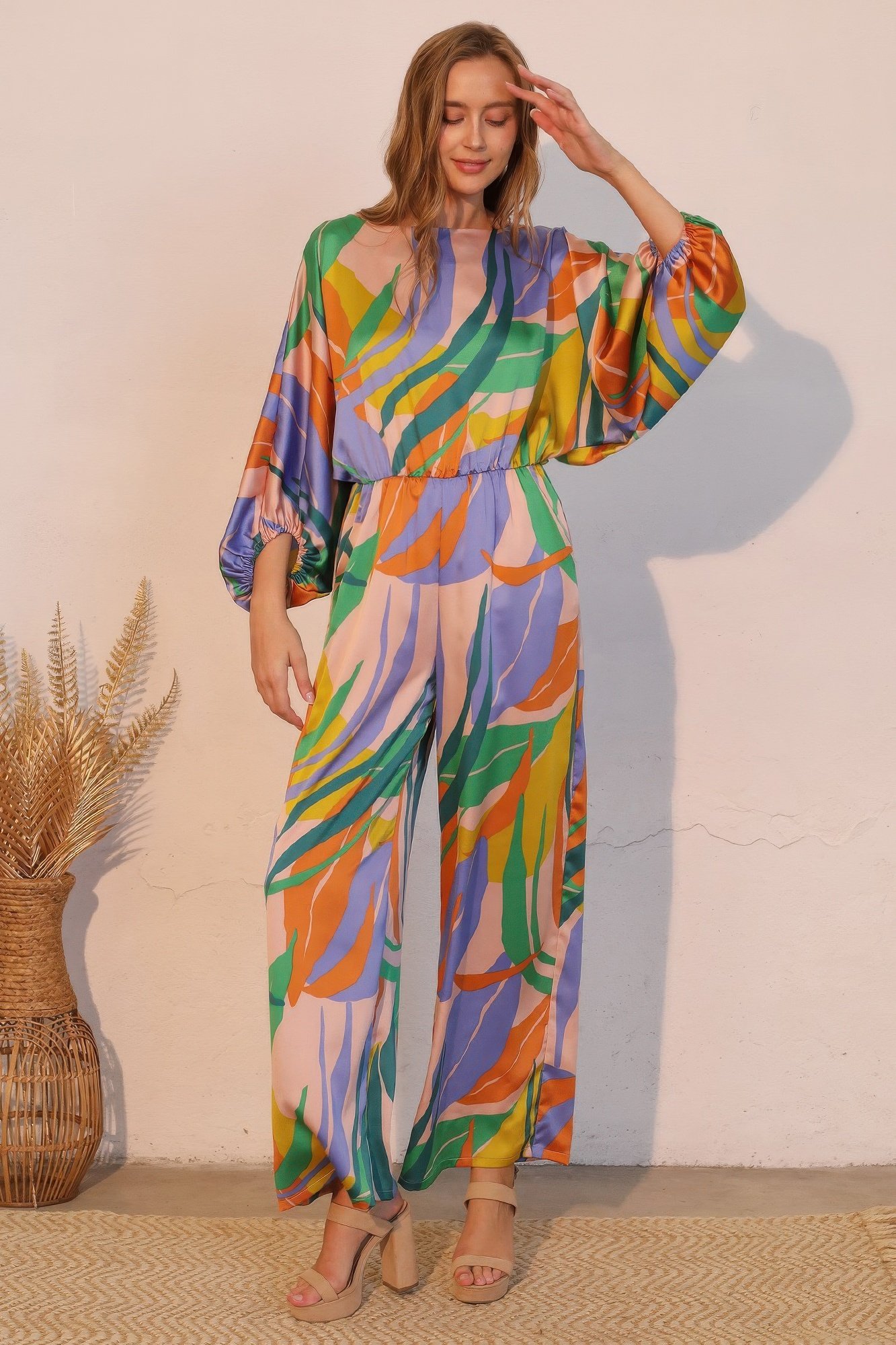 isla tropical satin boat neck blouson jumpsuit