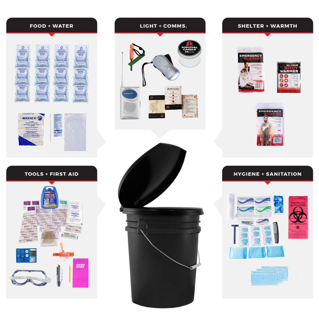 1 person essential survival kit, bucket and lid