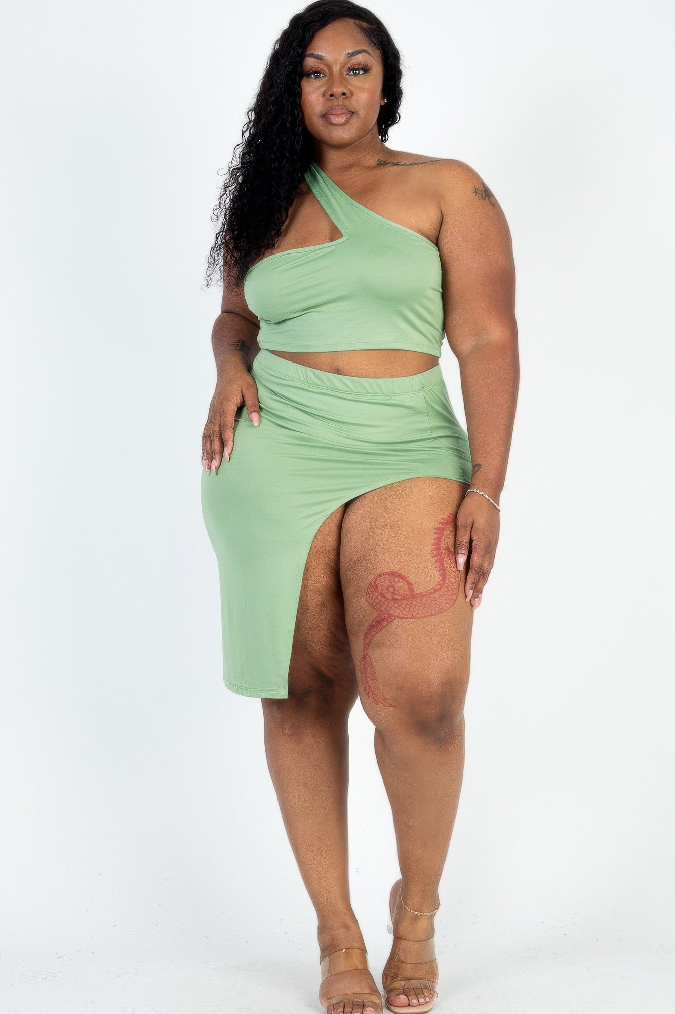 plus size sexy solid one shoulder crop top & split thigh midi skirt set
