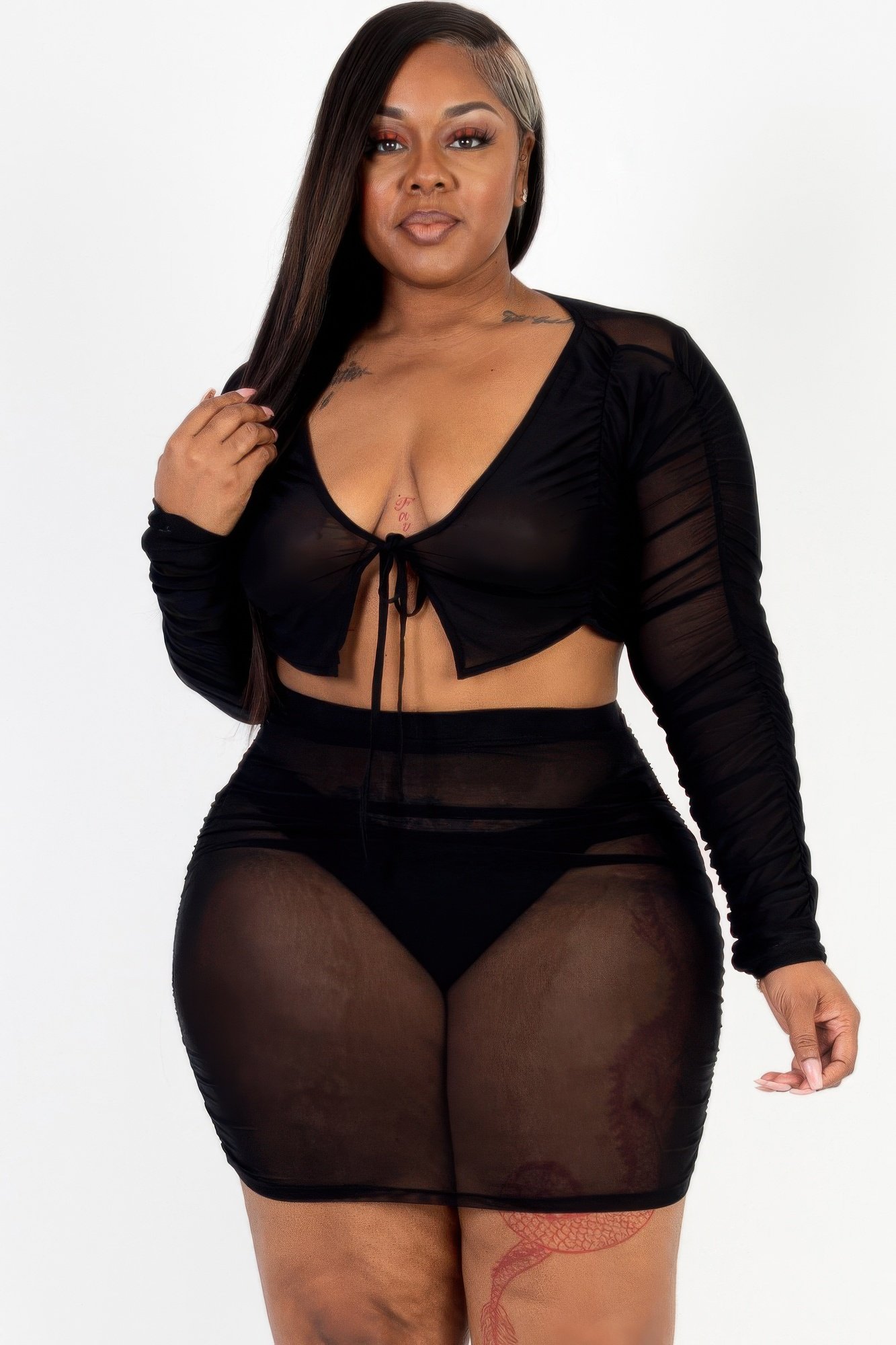 plus size sheer mesh tie front crop top & ruched side mini dress