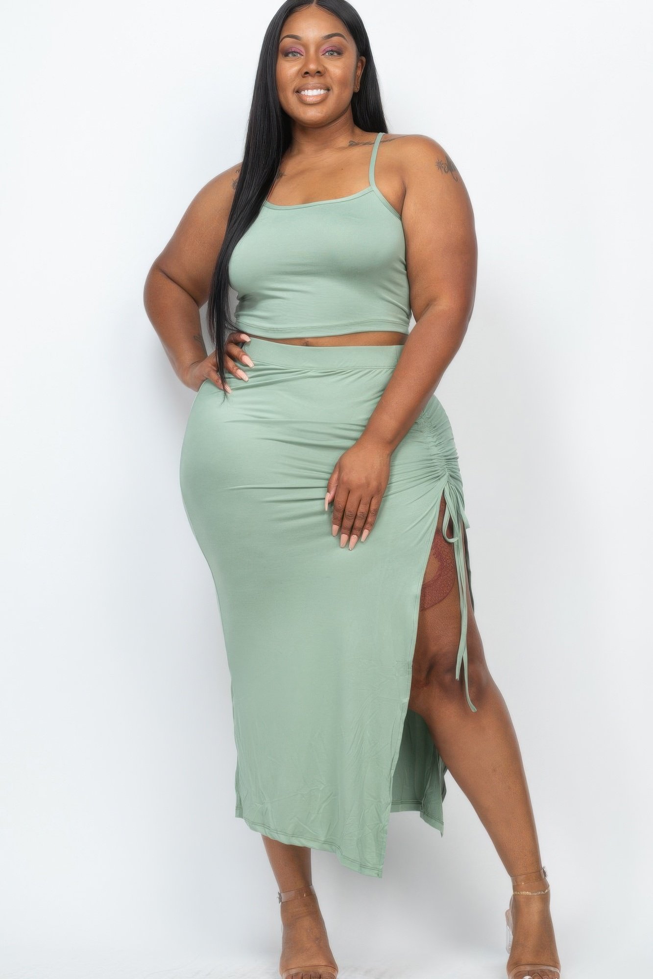 plus size cami crop top & ruched side split hem midi skirt set