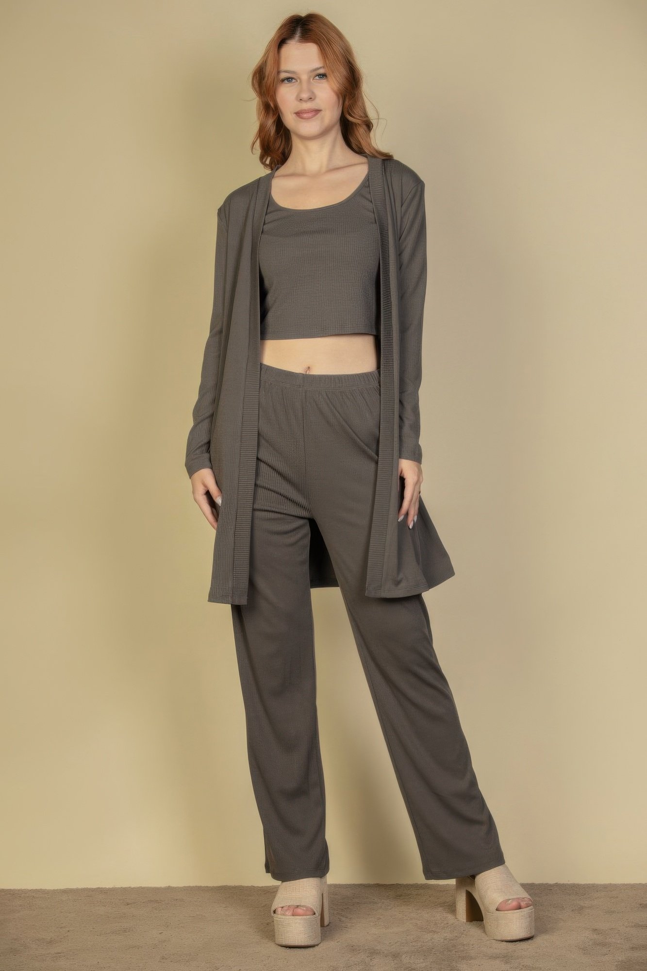 flat back rib 3 pieces cami top with pants and long cardigan set