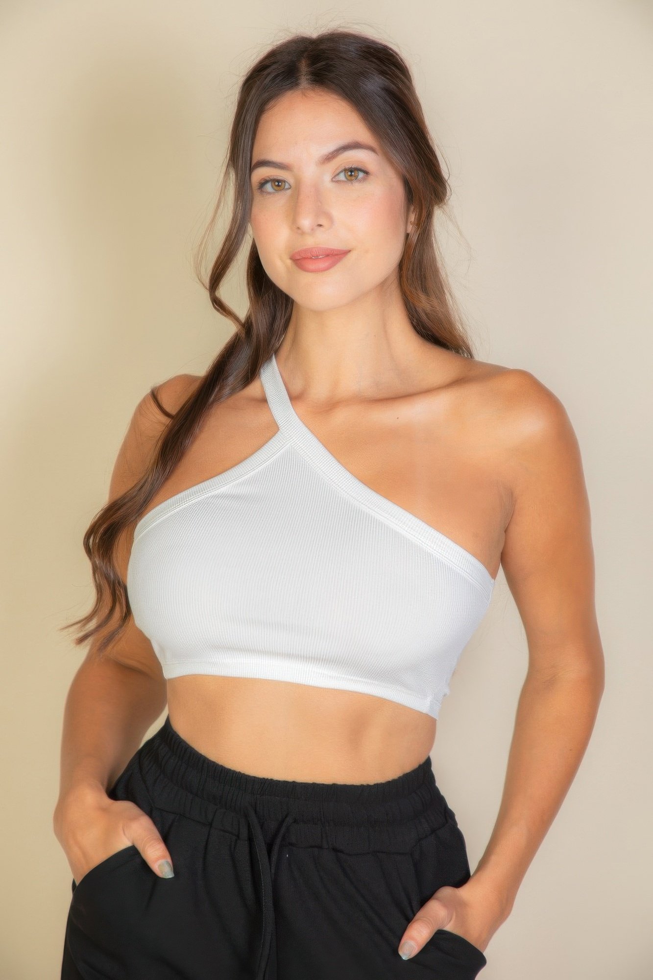 one shoulder ribbed cropped top