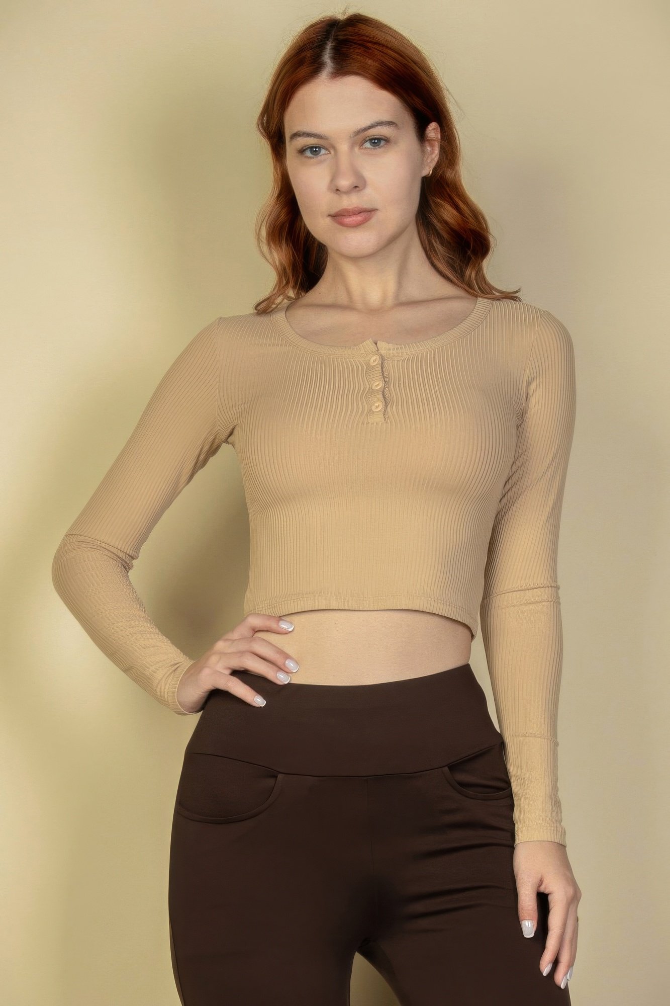 ribbed button up long sleeve crop top