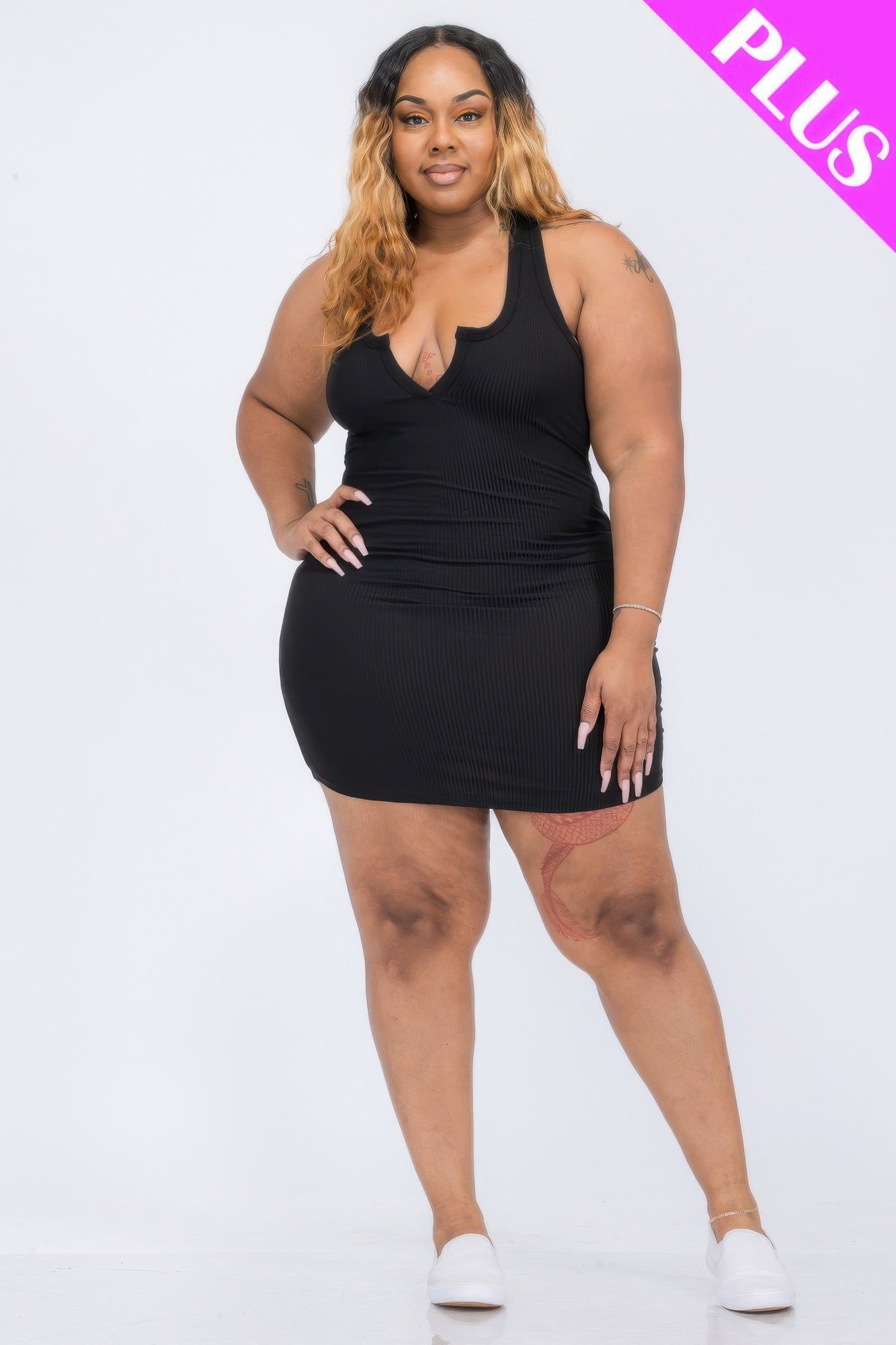 plus size ribbed split neck tank mini dress