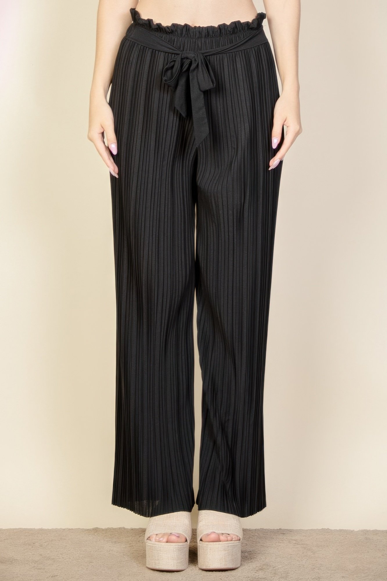 pleated stretch crepe pull on wide leg tie front pants