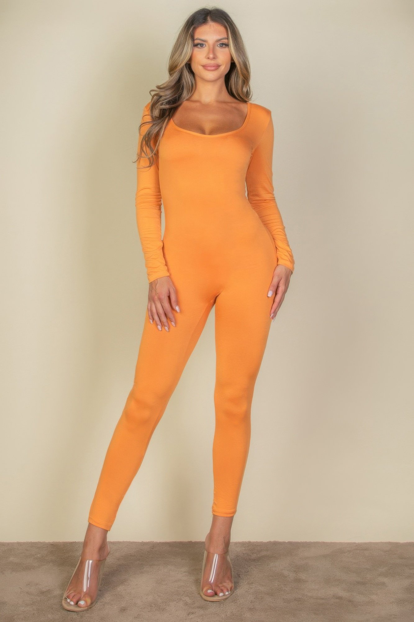 scoop neck long sleeve bodycon jumpsuit