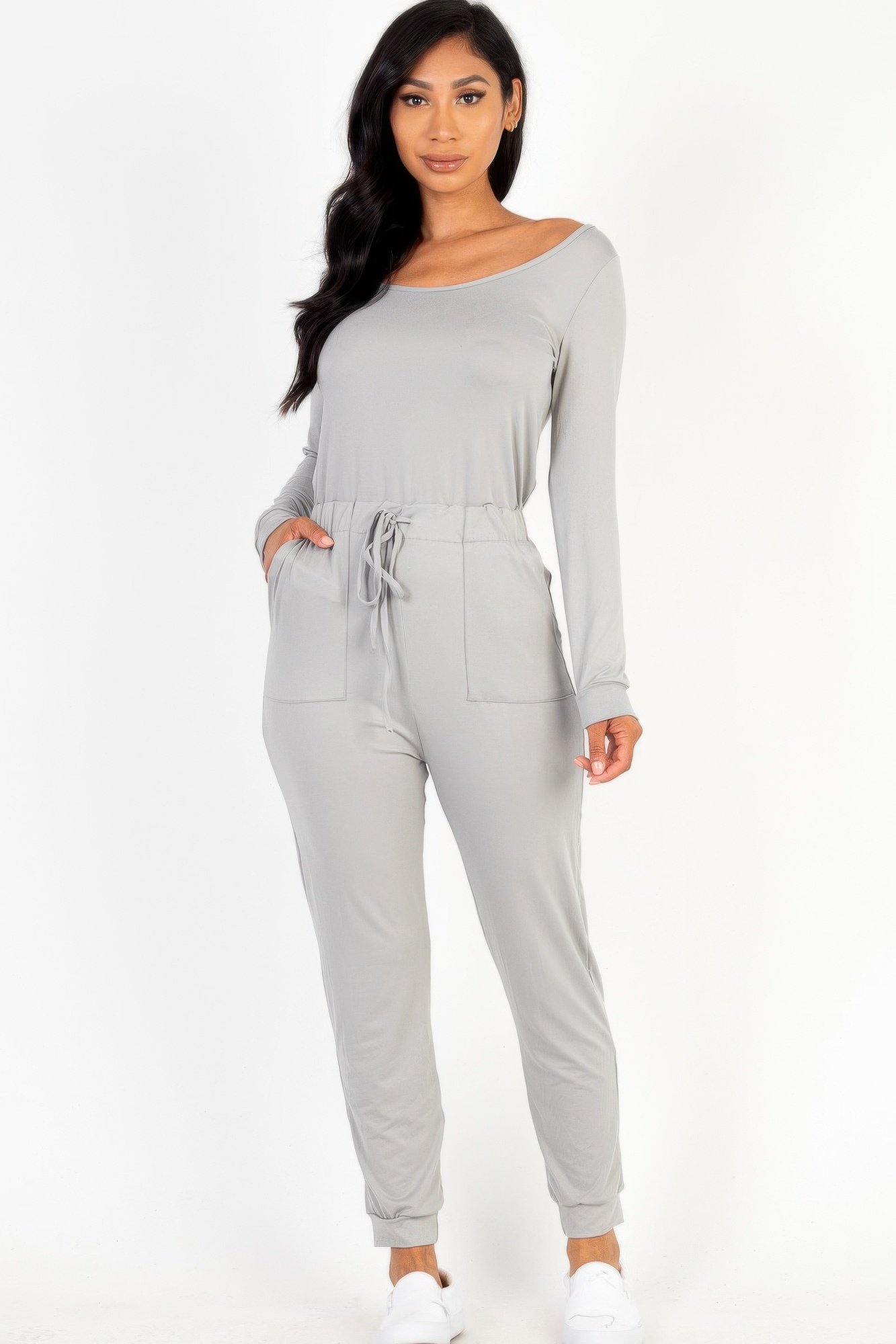 tie waist long sleeve jumpsuit