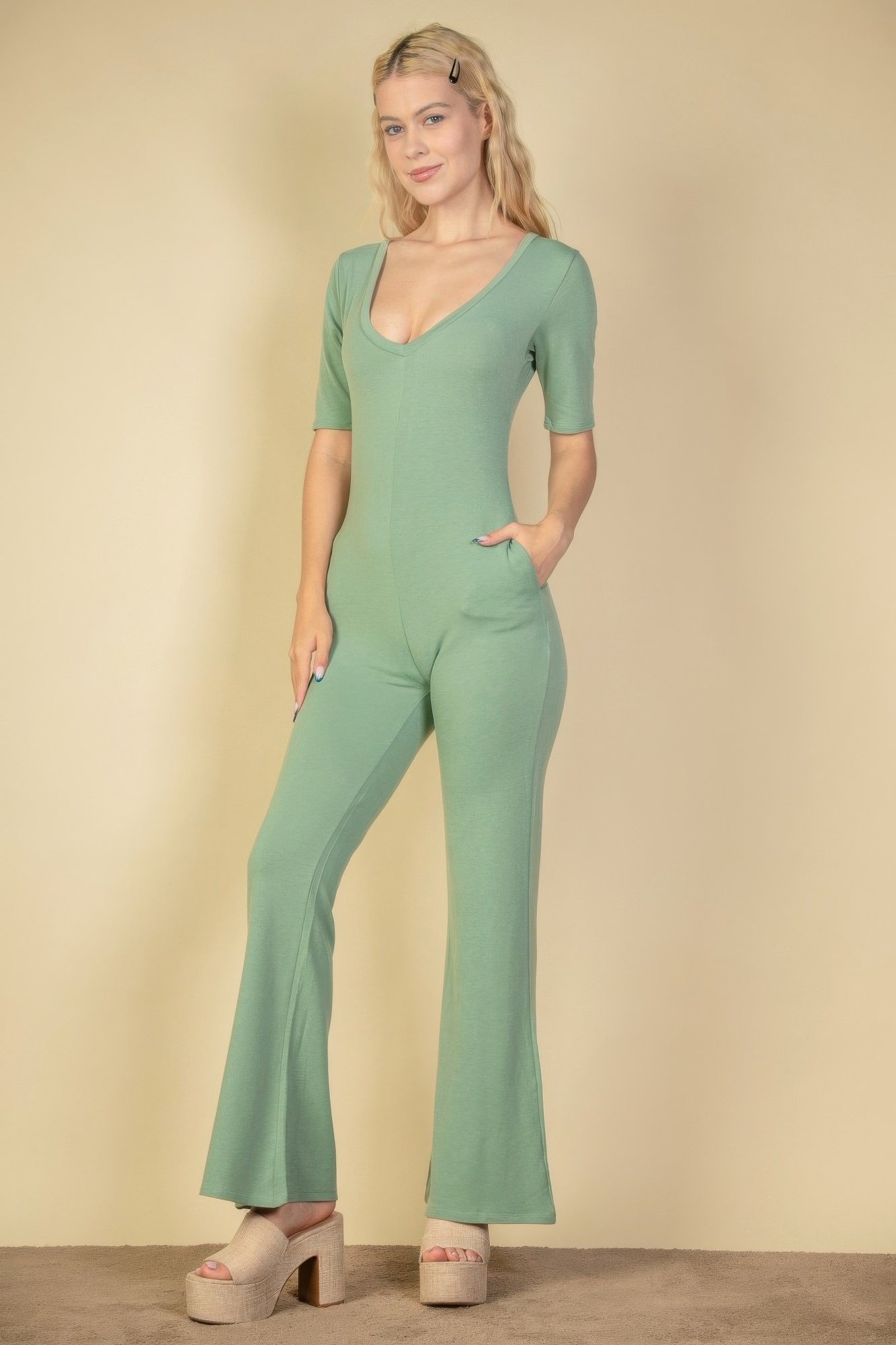 french terry short sleeve flare jumpsuit