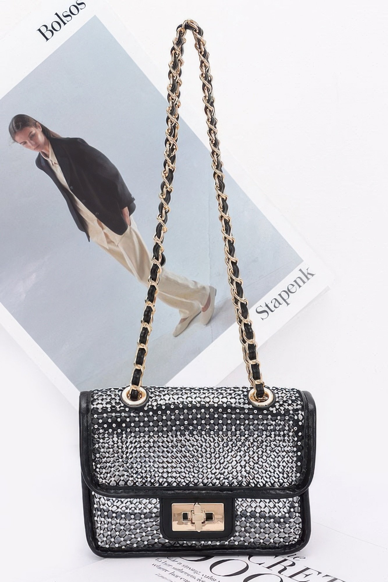 rhinestone mesh flap shoulder bag