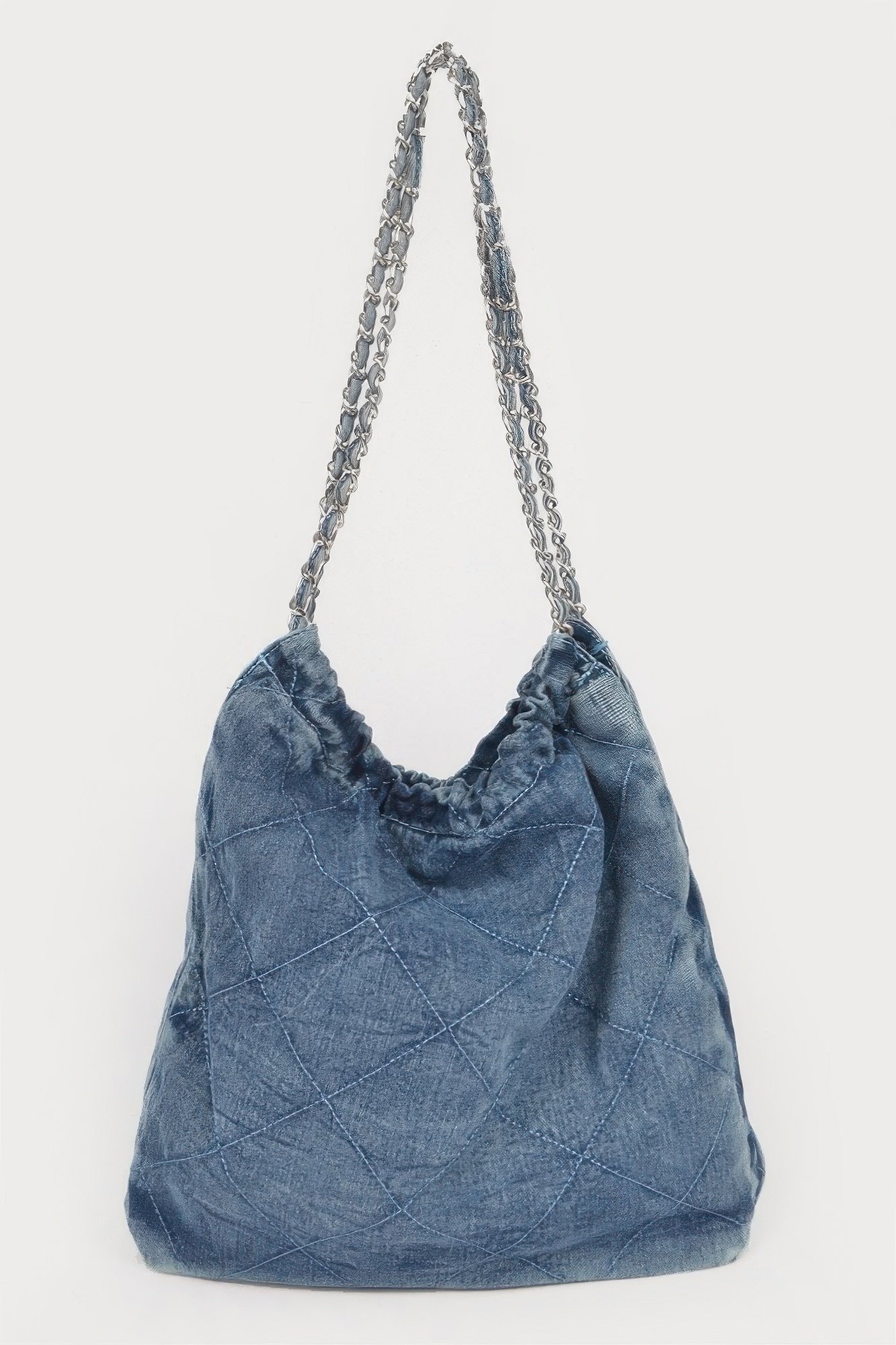 quilted washed denim chain bag