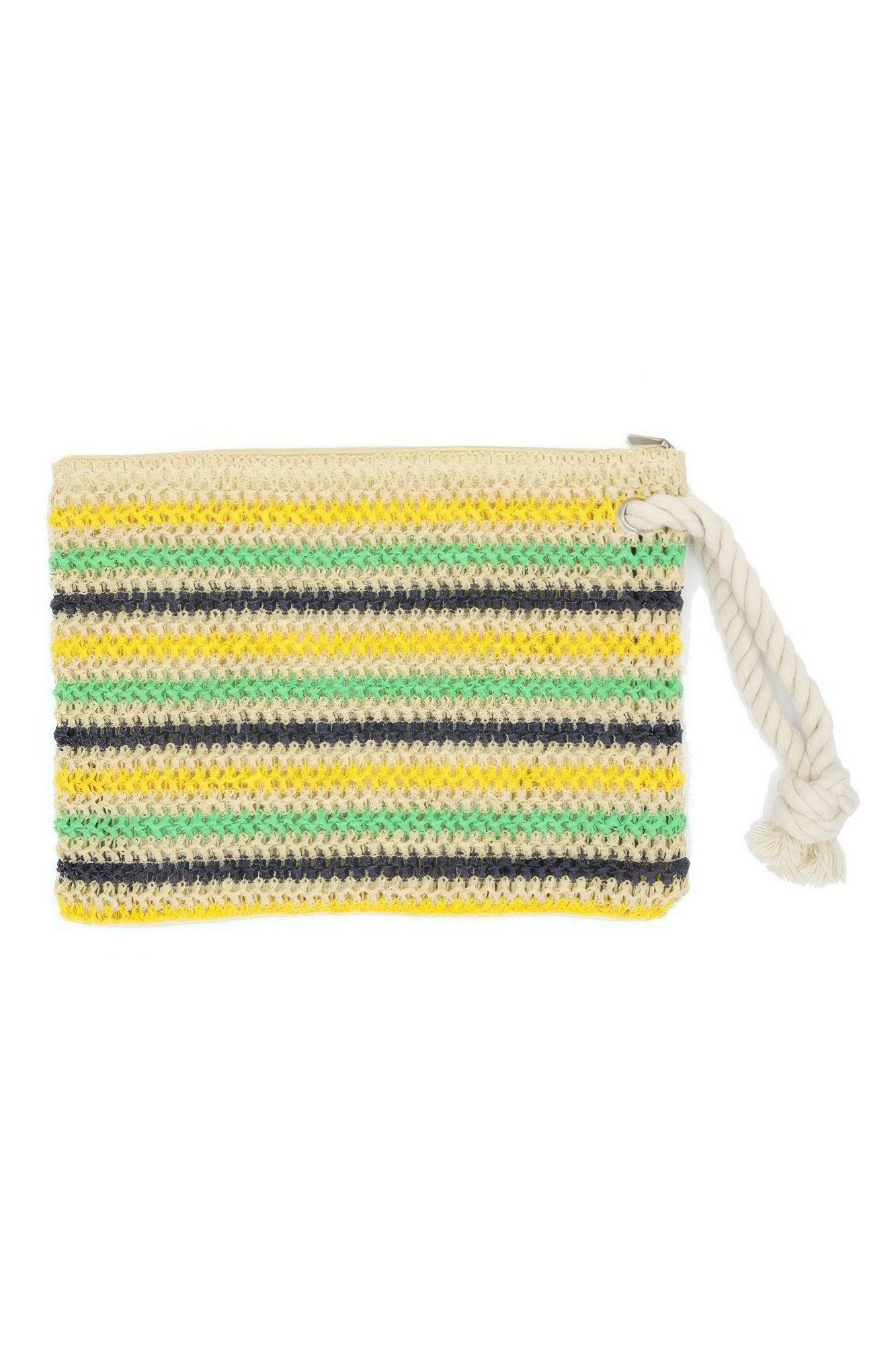 rope handle multicolor striped straw crochet pouch