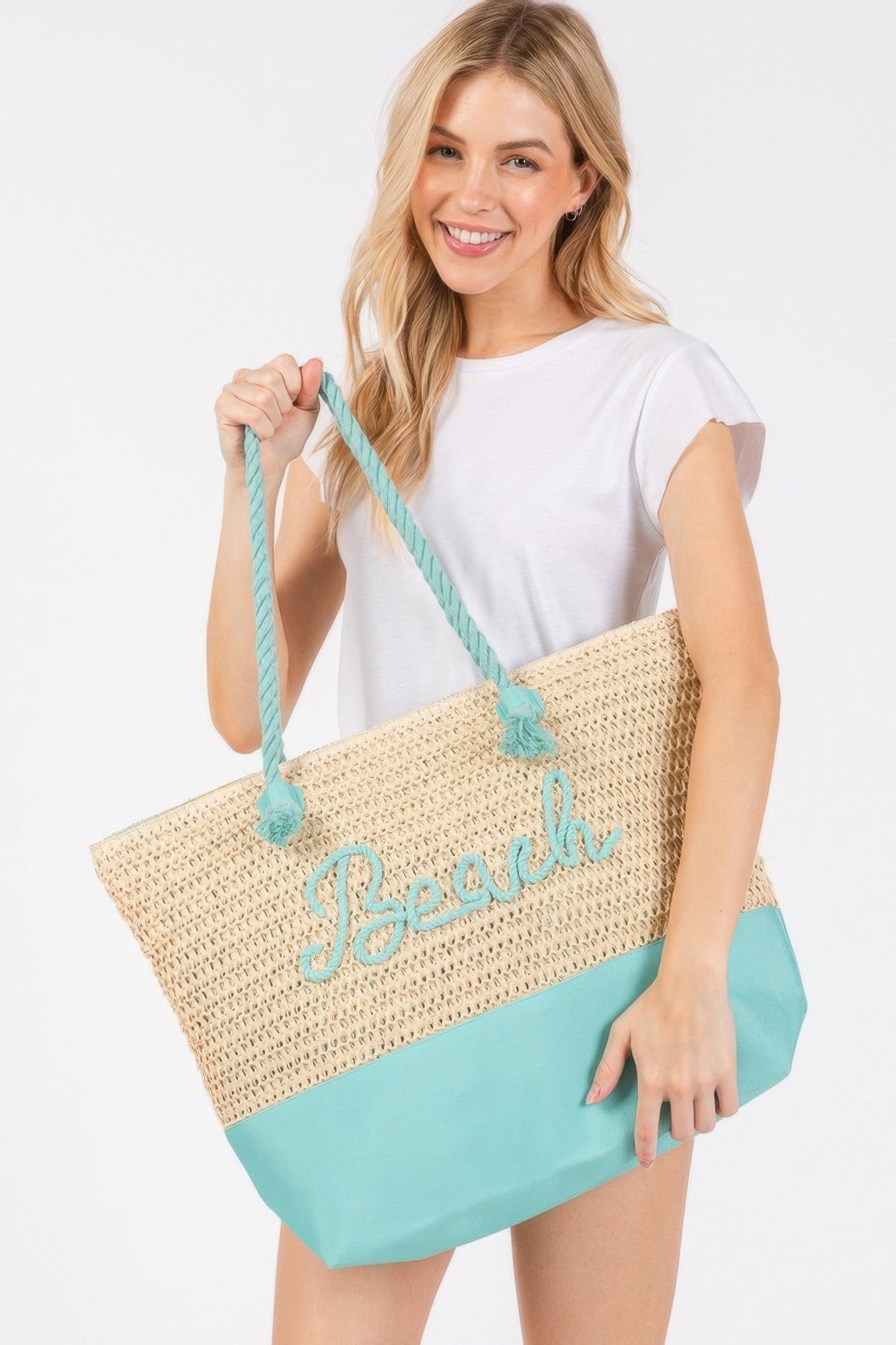 color sewn rope beach letter and strap crochet fabric tote