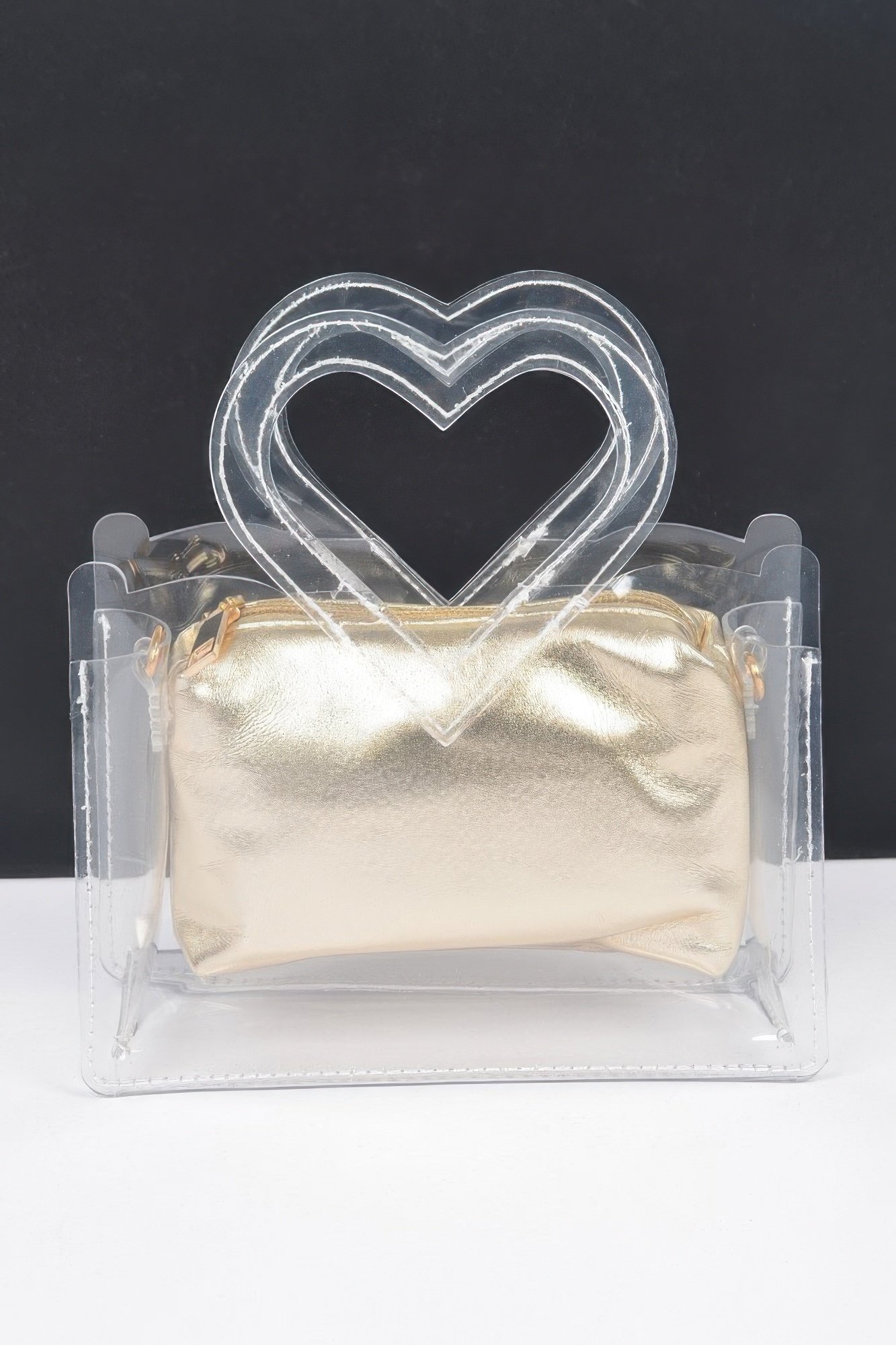 transparent heart shape handle clutch w/pouch