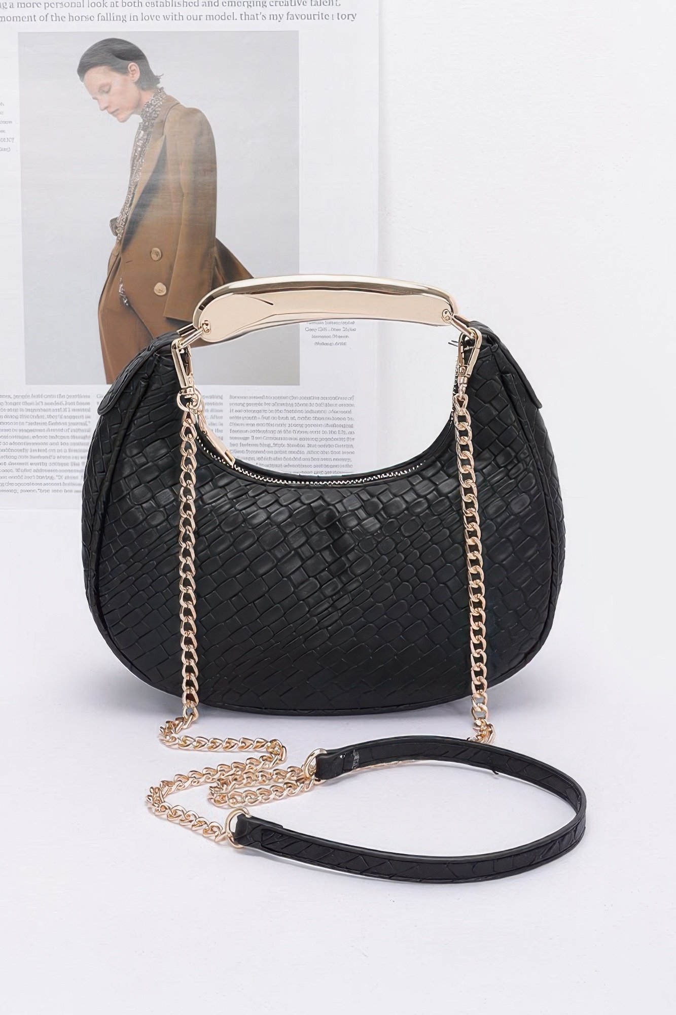 embossed faux leather metal handle bag