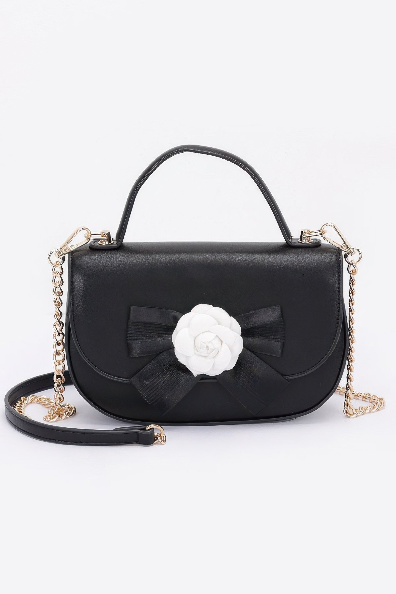 faux leather flower ribbon top handle flap bag