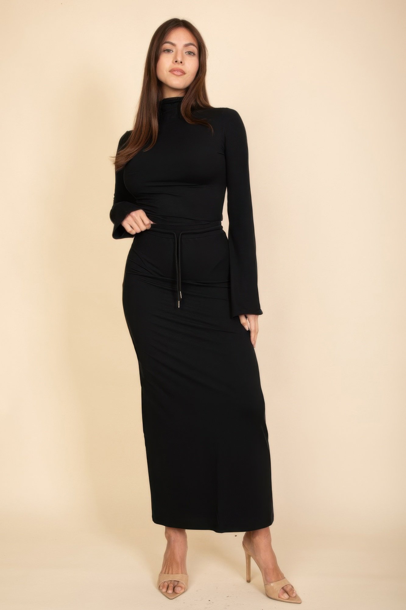 mock neck bell sleeve crop top & maxi skirt set