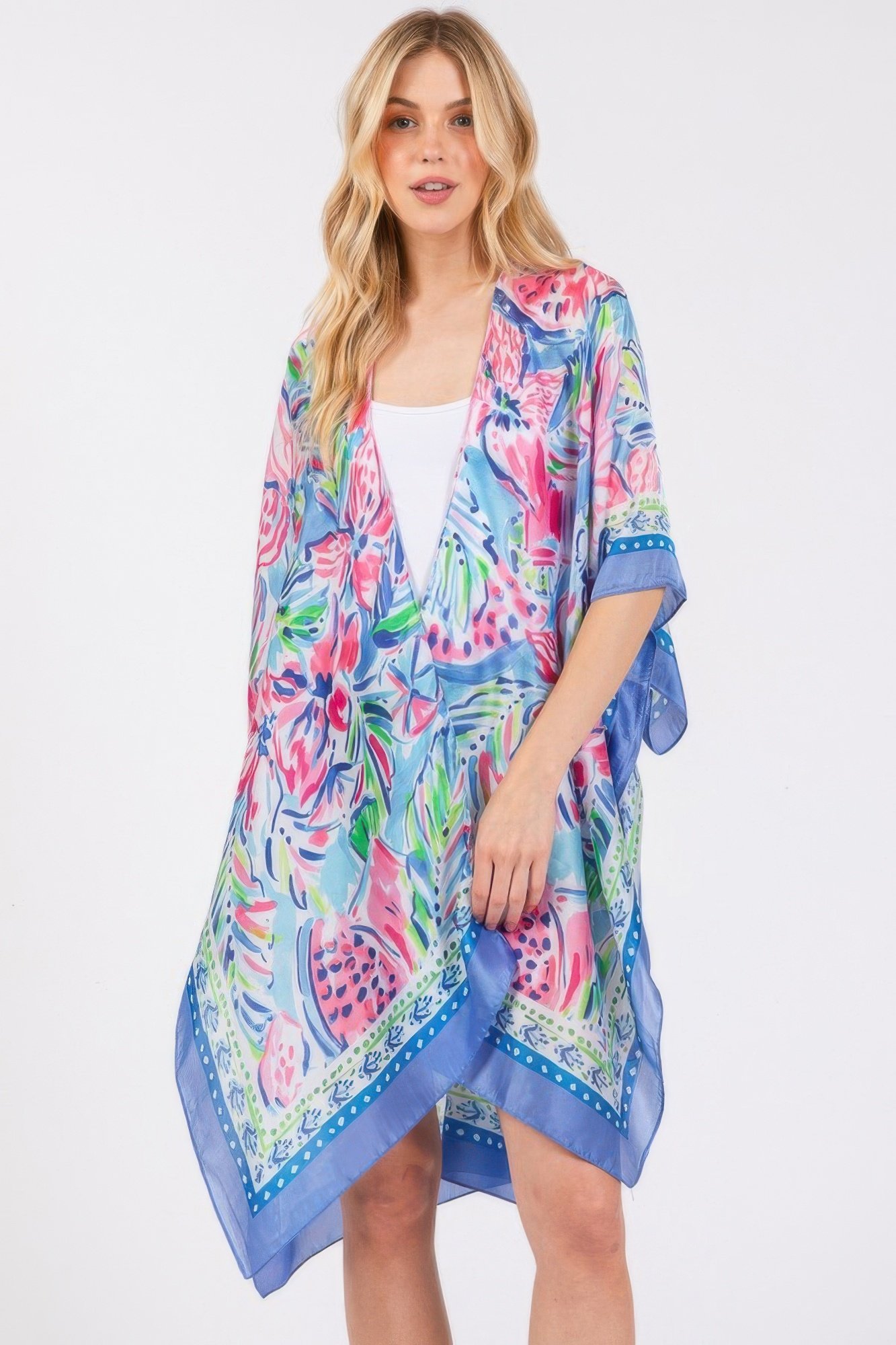 flower print silky feel kimono