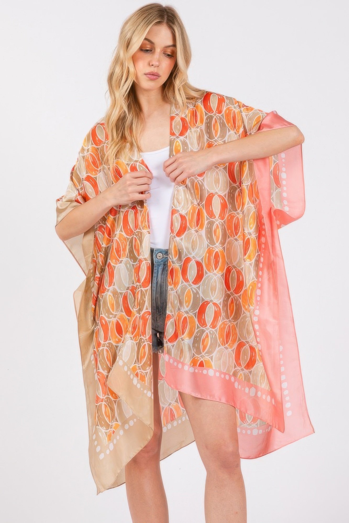 two tones trim abstract print silky feel kimono