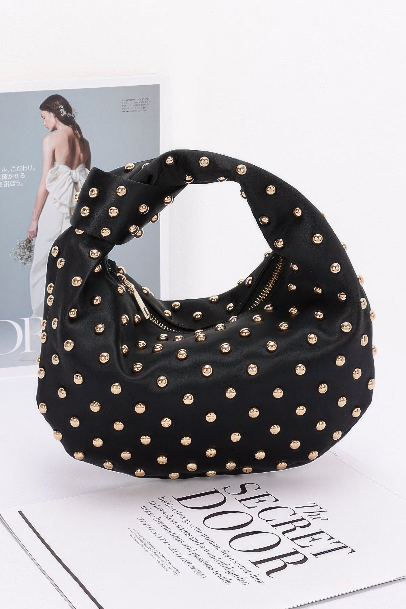 satin metal studded hobo bag