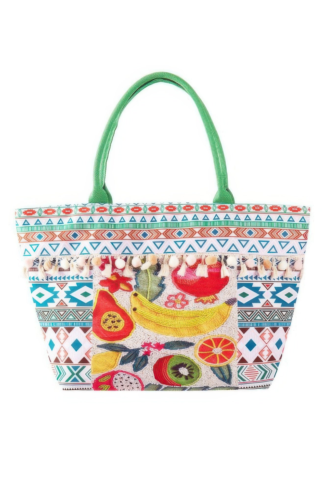 fruit boho print pom pom fringe tote bag
