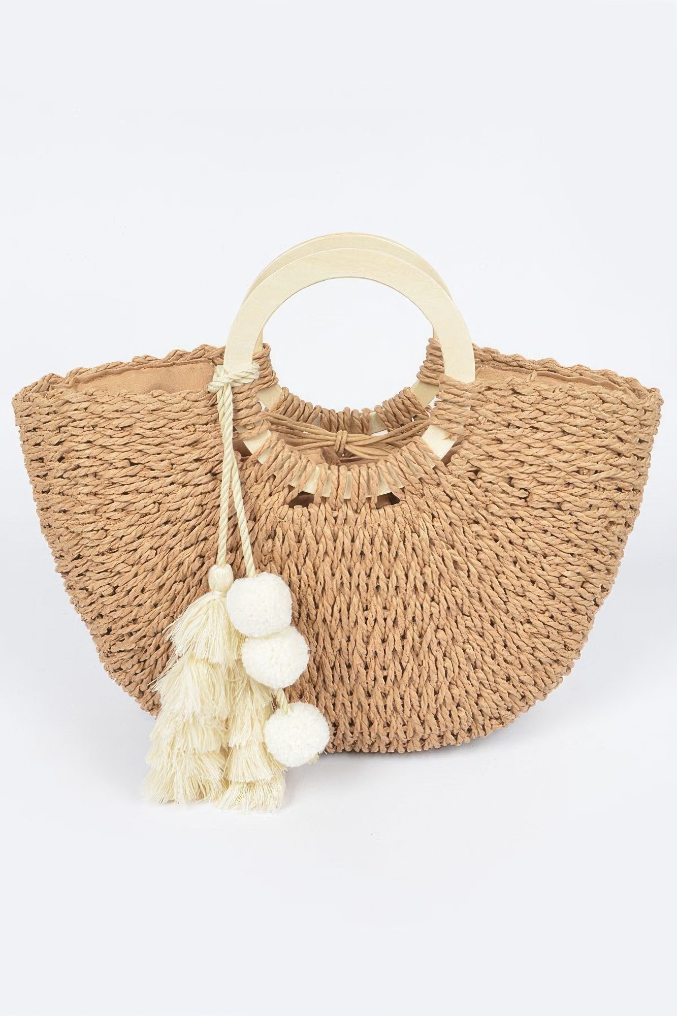 woven cotton wood handle tote bag