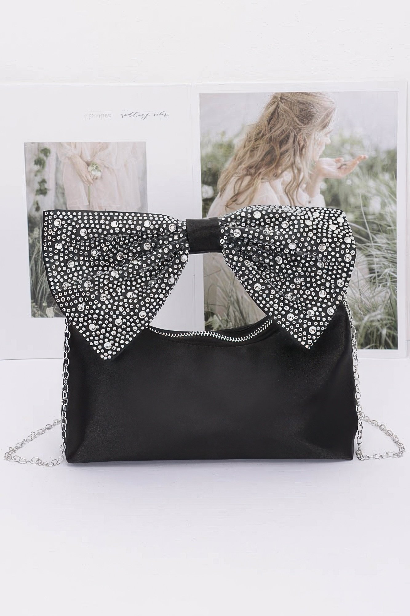 rhinestone hotfix bow handle nylon clutch