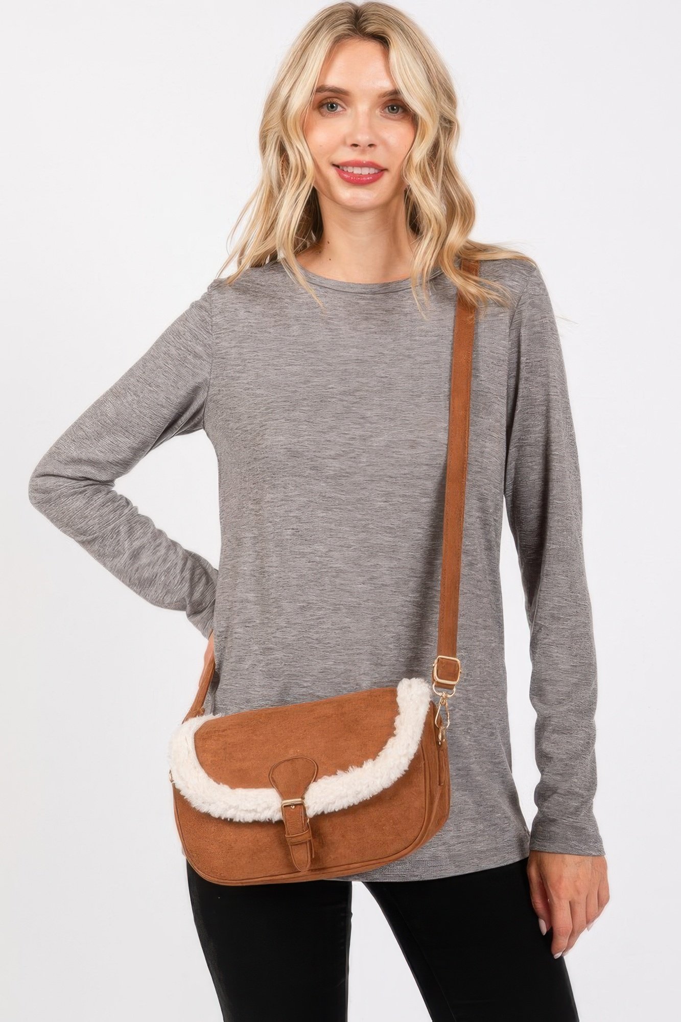fleece trimmed solid crossbodybag adjustable strap